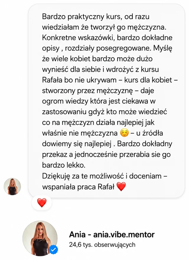 Opinia z Instagram DM – Ania (@ania.vibe.mentor, 24,6 tys. obserwujących)